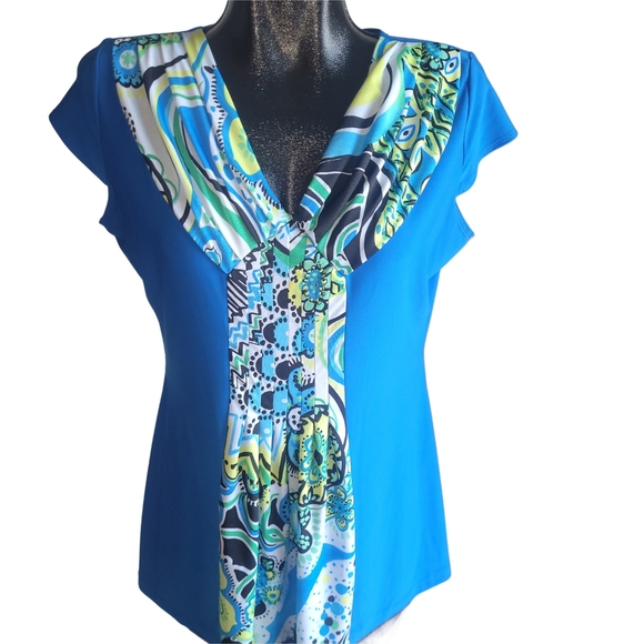 Victoria Collection Blue Patterned Short  Sleeve Top - Picture 1 of 6